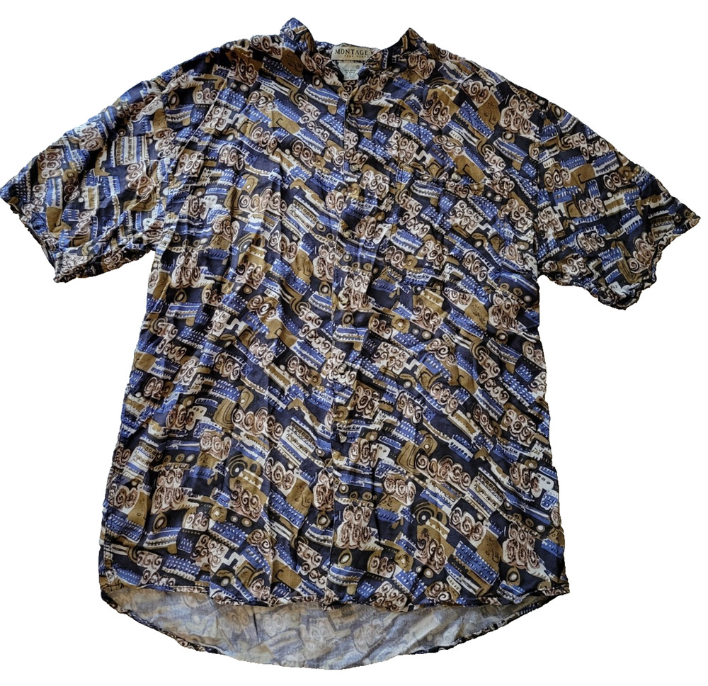 Montage Pour Homme Mens 1X Classic Print Rayon Button Up Shirt